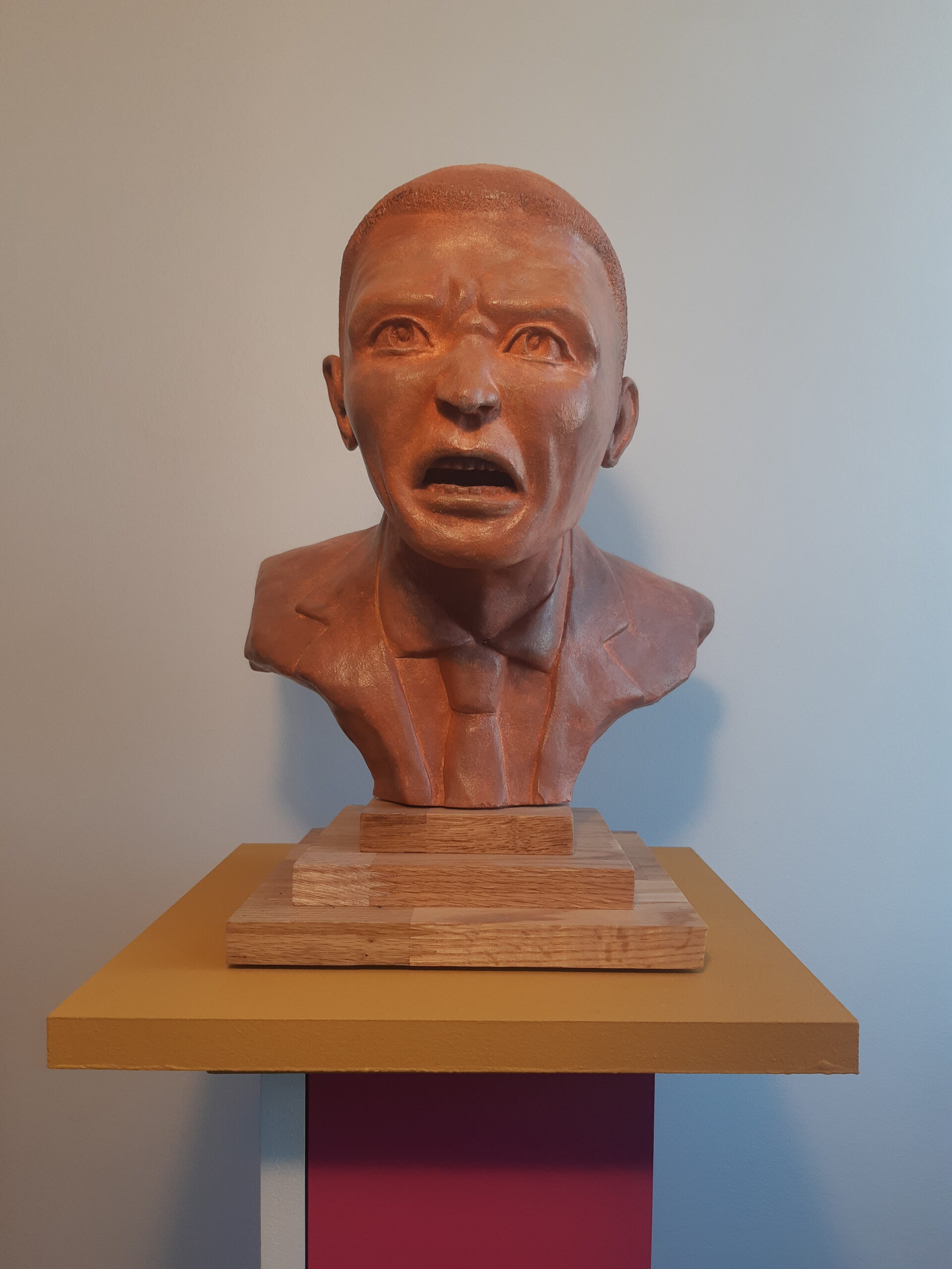 Sculpture de Patrick Voisin sur le thème du "Sauvage" représentant le buste d'un homme agressif. Vue de face.